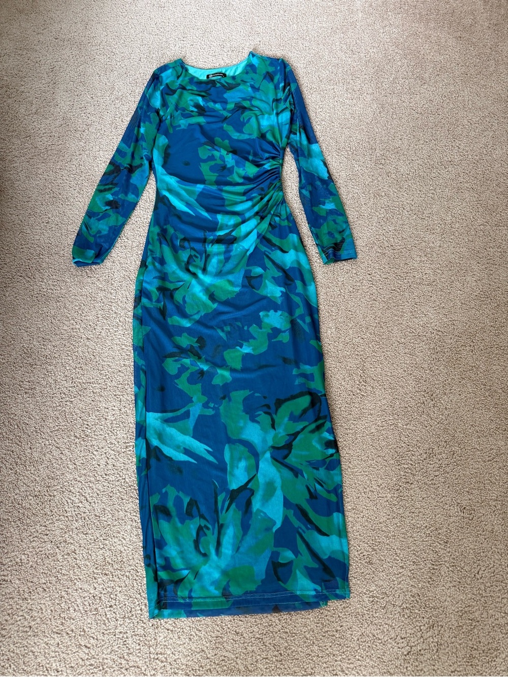 Long Sleeve Teal & Green Ruched Maxi Dress